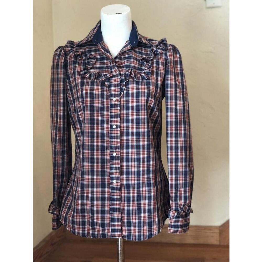 VTG 70’s Womens S Rockmount Ranch Plaid Ruffled Shirt Pearl Snap Prairie USA